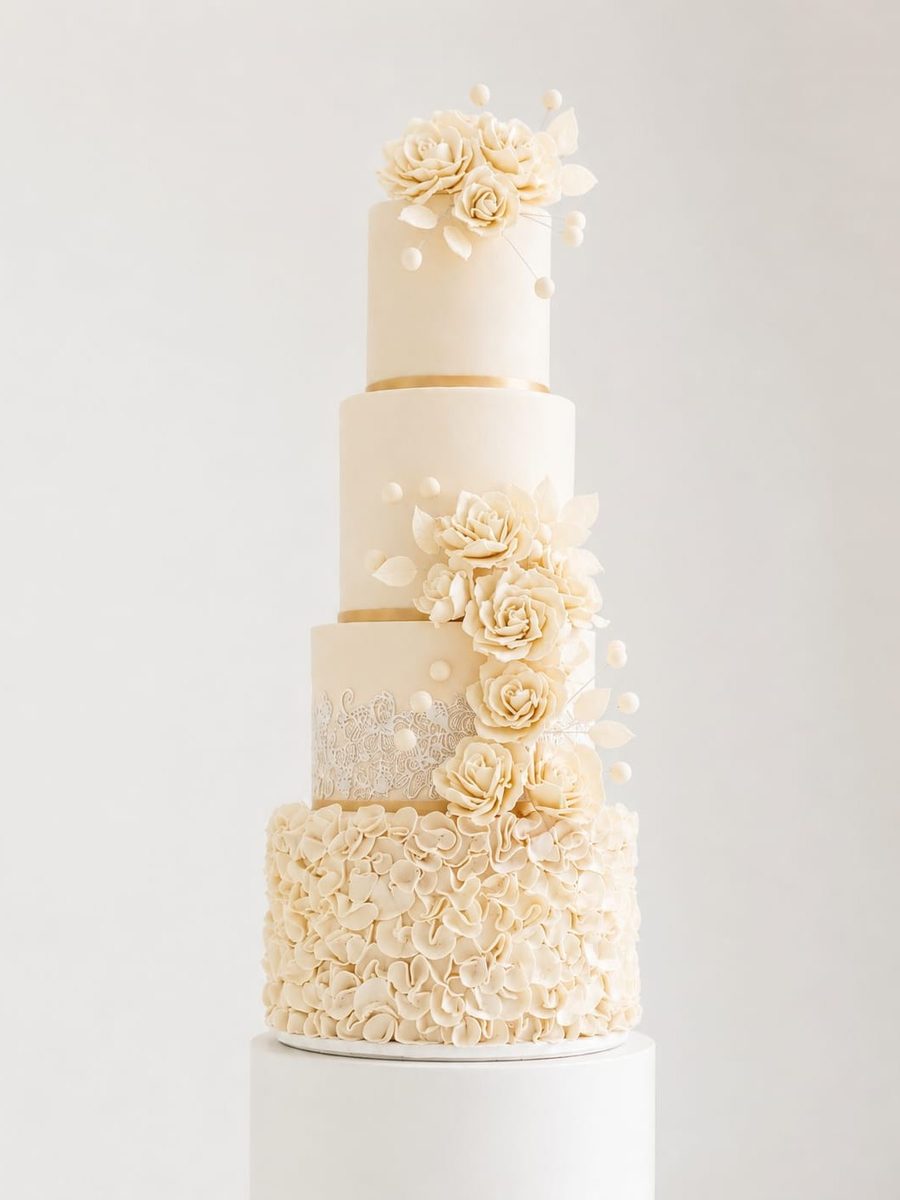 Ivory Ruffles, Roses & Lace Wedding Cake by VDK Cakes
